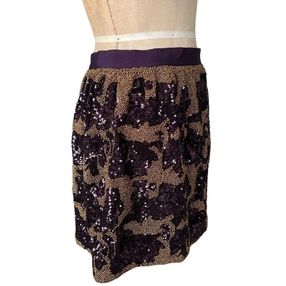 CLUB MÓNACO Purple & Gold Floral Sequin Beaded Mini Skirt Size M